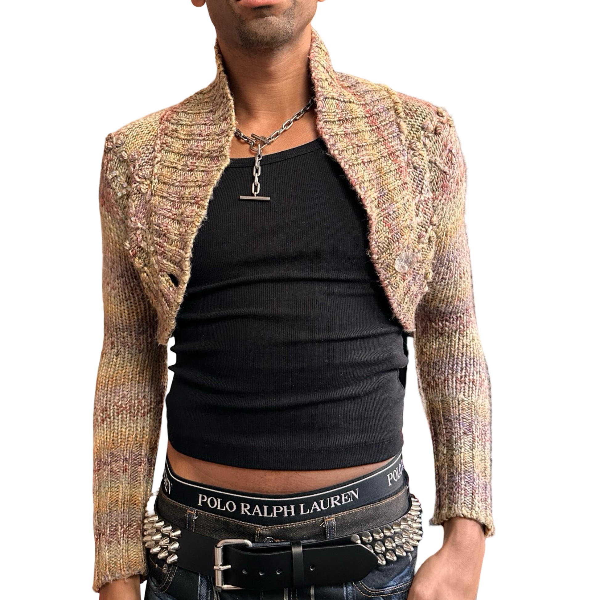 Vintage DKNY tan speckled cropped cable knit sweater with sequins and crystal button closure, women’s medium. front overview 