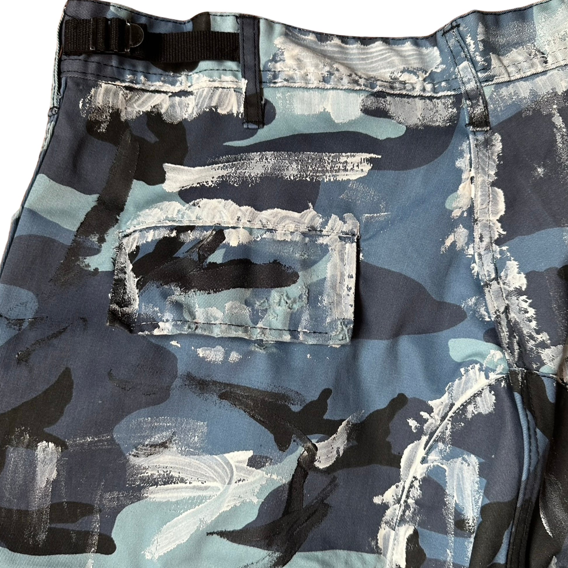 ASTROBOI* x ROTHCO Painted Blue Camouflage Utility Shorts - flat back pocket