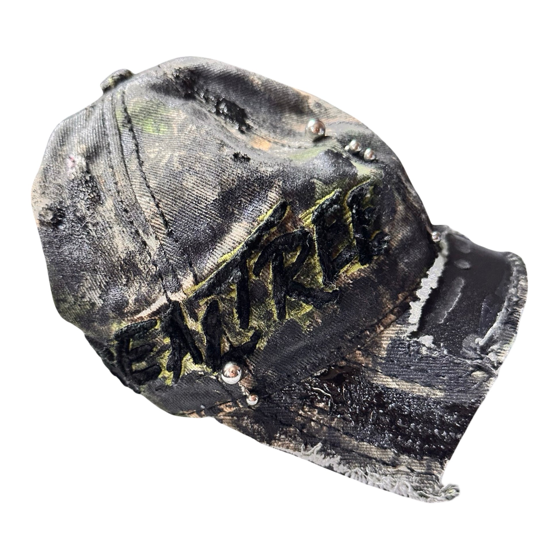Flat right side of Brown RealTree distressed half-visor hat with elastic base, black resin detailing, and a sawed-off visor for a deconstructed Y2K aesthetic.