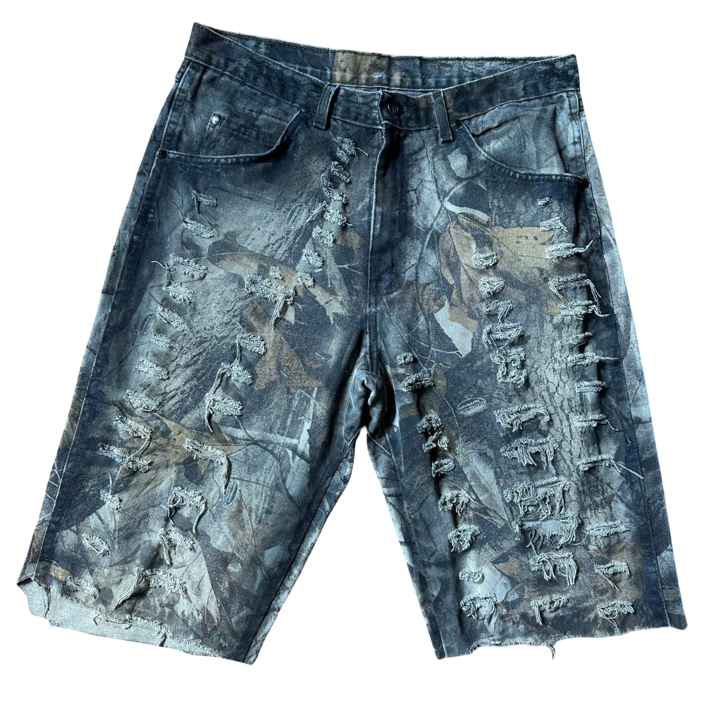 ASTROBOI*  Brown RealTree Camo Grunge Ripped Shorts - flat  front