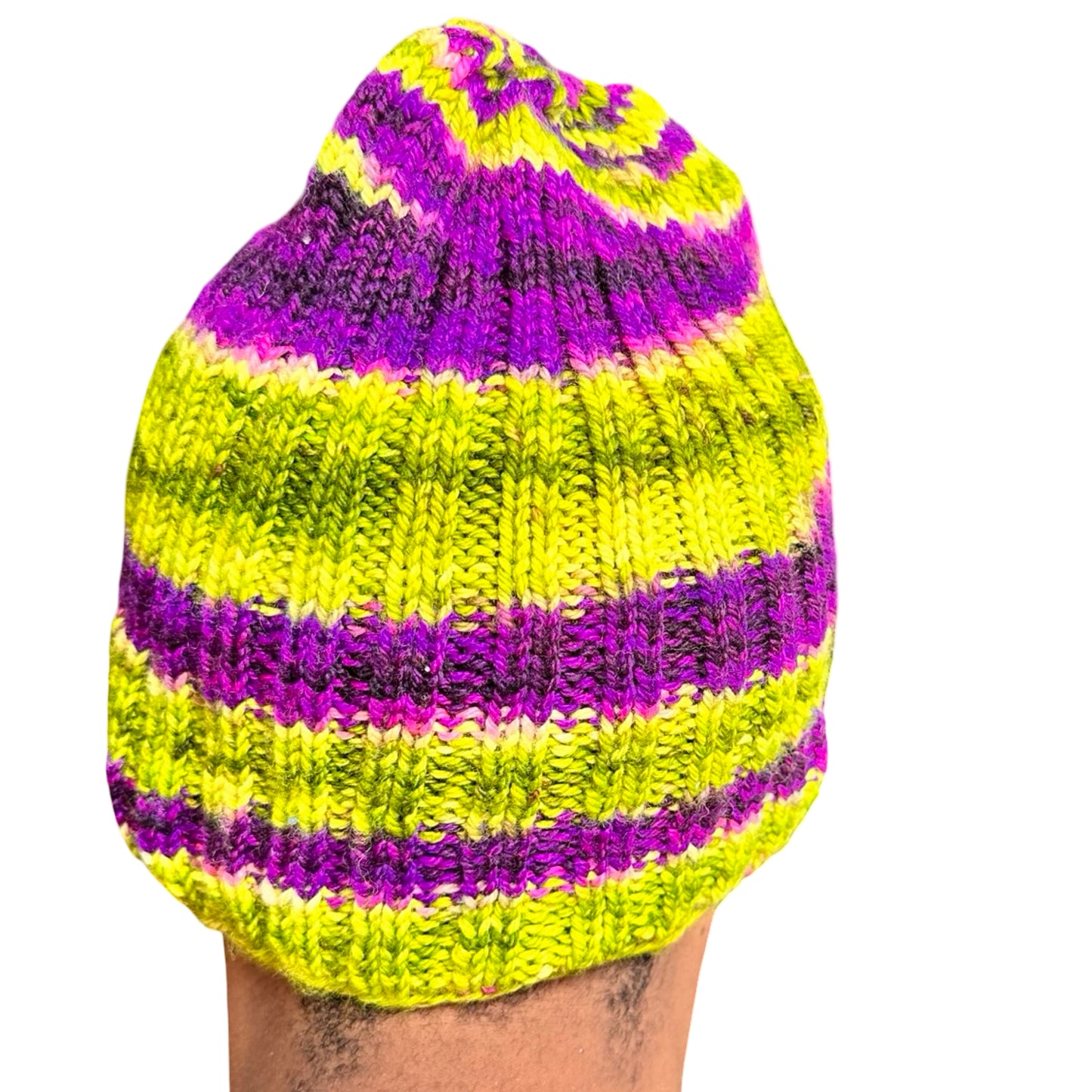 Back of Vintage handknit purple and green striped beanie with ribbed acrylic knit and soft stretchy fit.