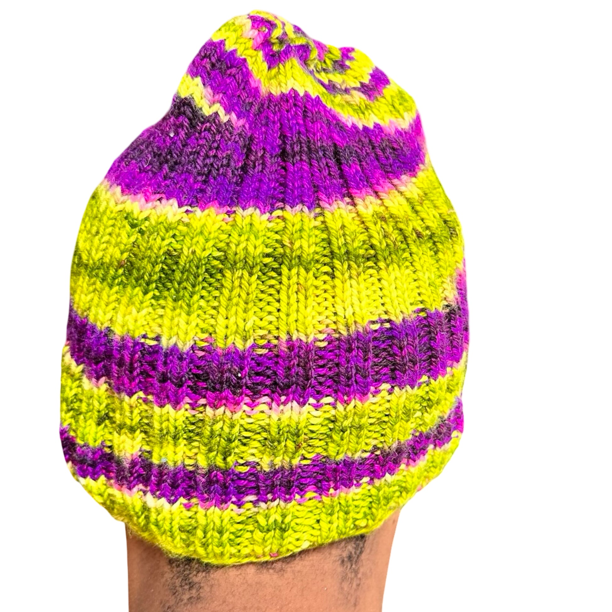 Back of Vintage handknit purple and green striped beanie with ribbed acrylic knit and soft stretchy fit.