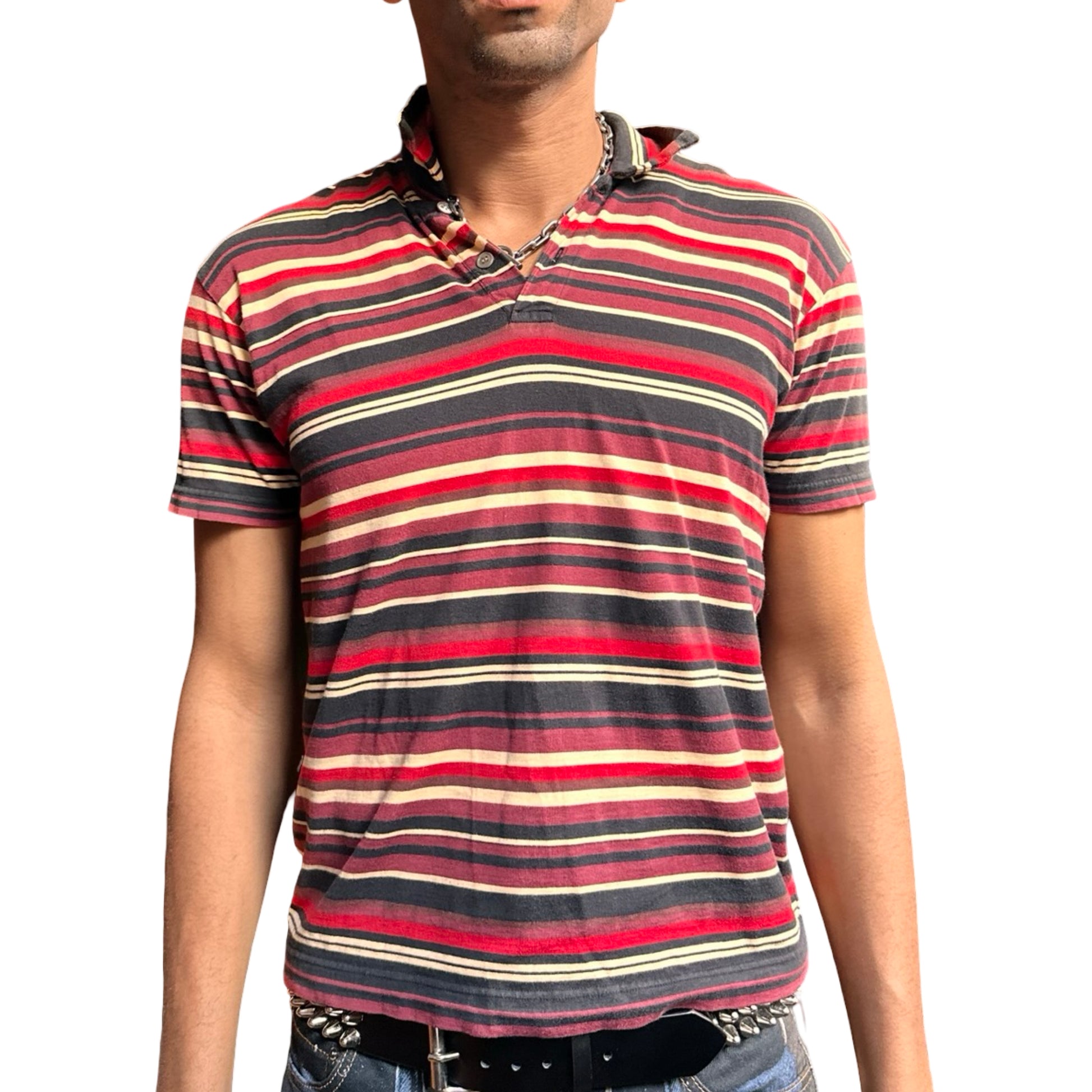 Front close up of Vintage Issey Miyake Homme Plus striped cotton polo shirt in men’s small with two-button neckline and multicolor variegated stripes.