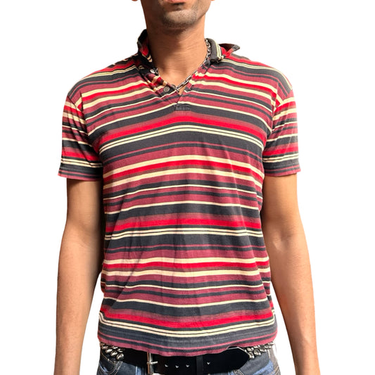Front close up of Vintage Issey Miyake Homme Plus striped cotton polo shirt in men’s small with two-button neckline and multicolor variegated stripes.