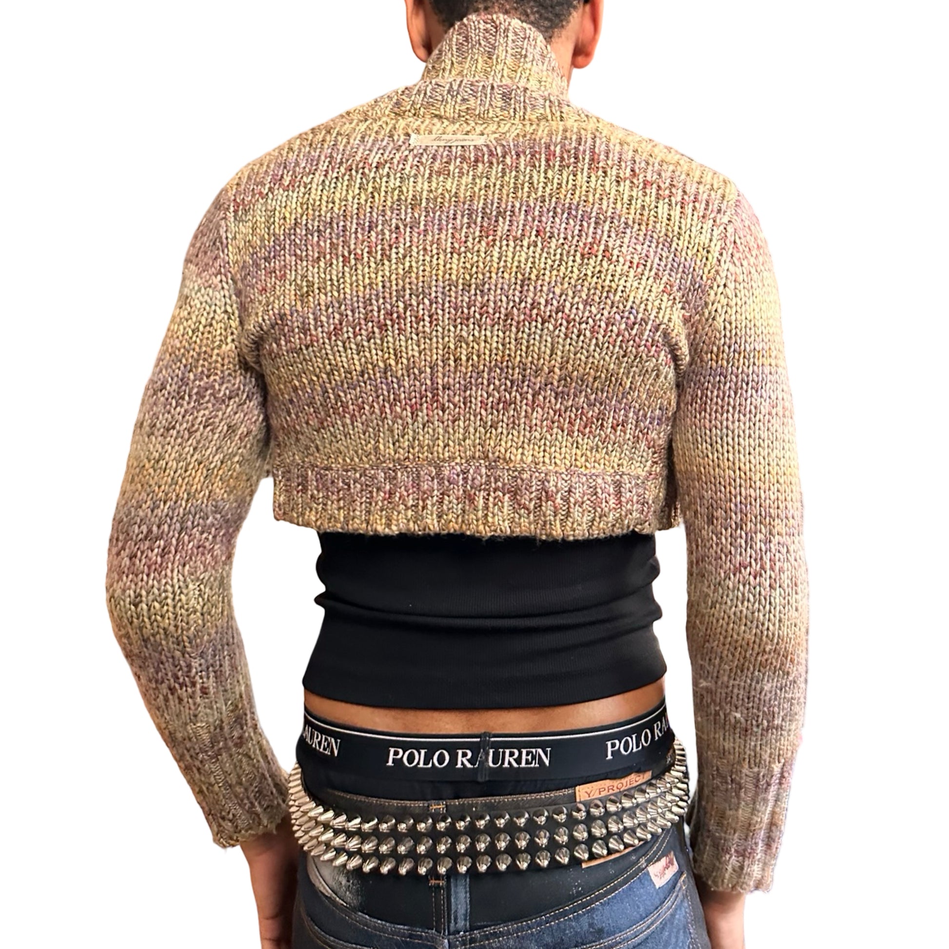 Vintage DKNY tan speckled cropped cable knit sweater with sequins and crystal button closure, women’s medium. back view 
