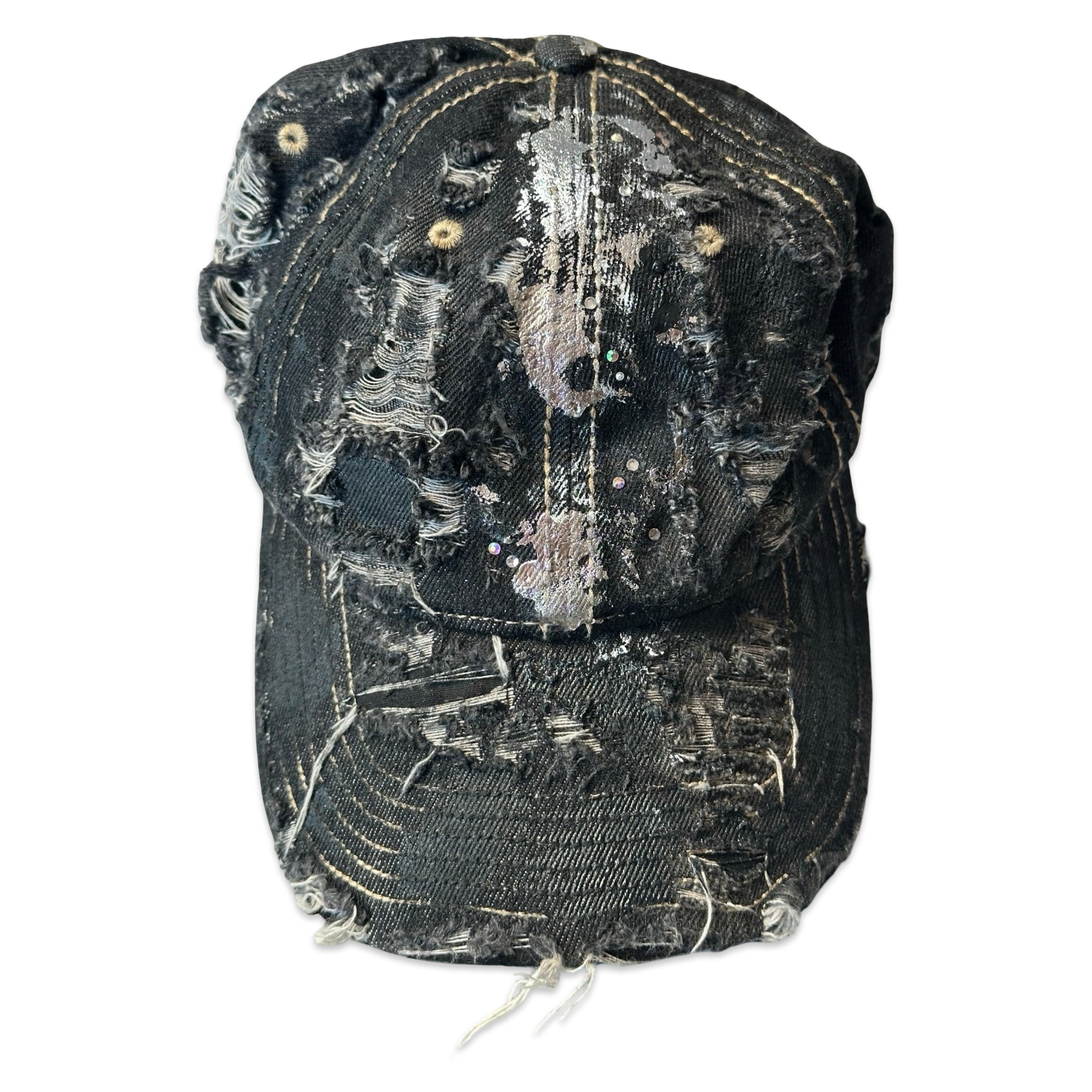 ASTROBOI* 'Neo' Black Distressed Rhinestone Denim Hat - flat front 