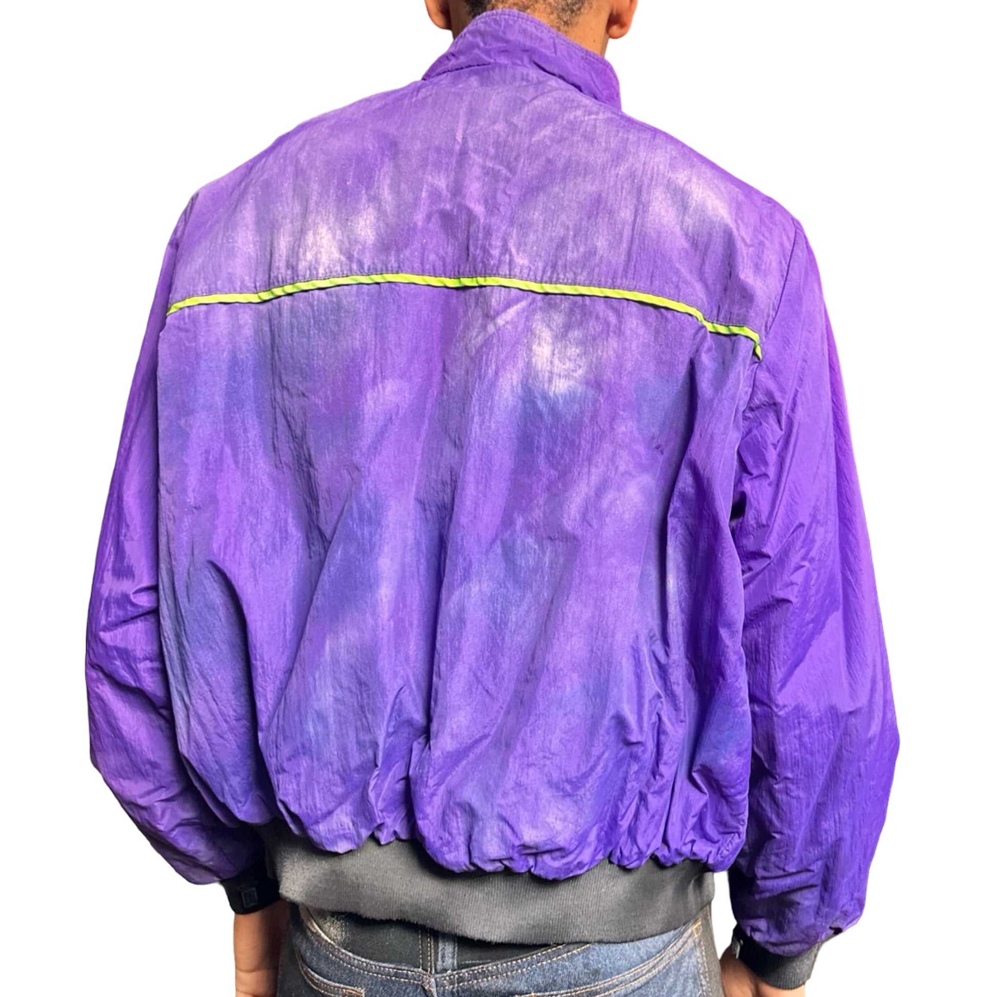 Purple Arctic Cat nylon bomber jacket with green piping, embroidered logo, and custom ASTROBOI* paint design, size XL. back 