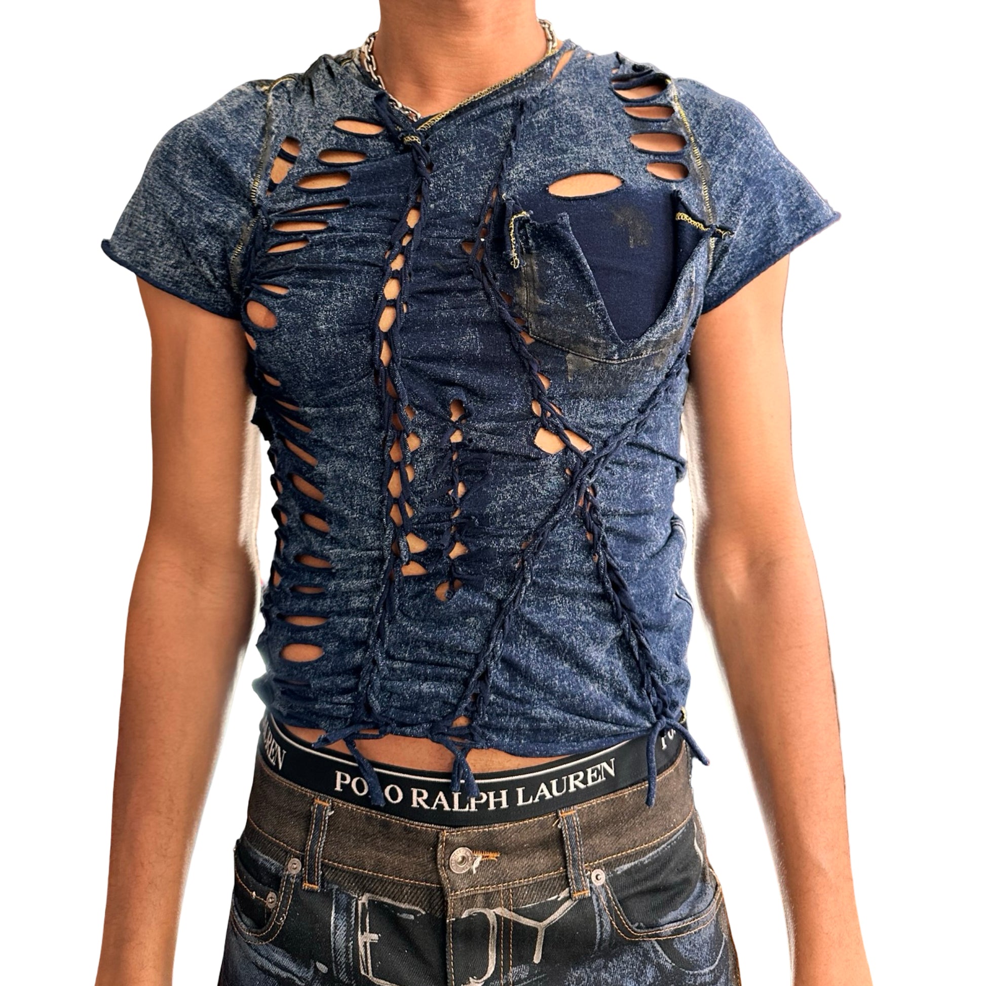 Front of ASTROBOI* blue acid-washed braided twist T-shirt with deconstructed pocket, slashes, hole details, and black paint accents. Custom NYC streetwear.