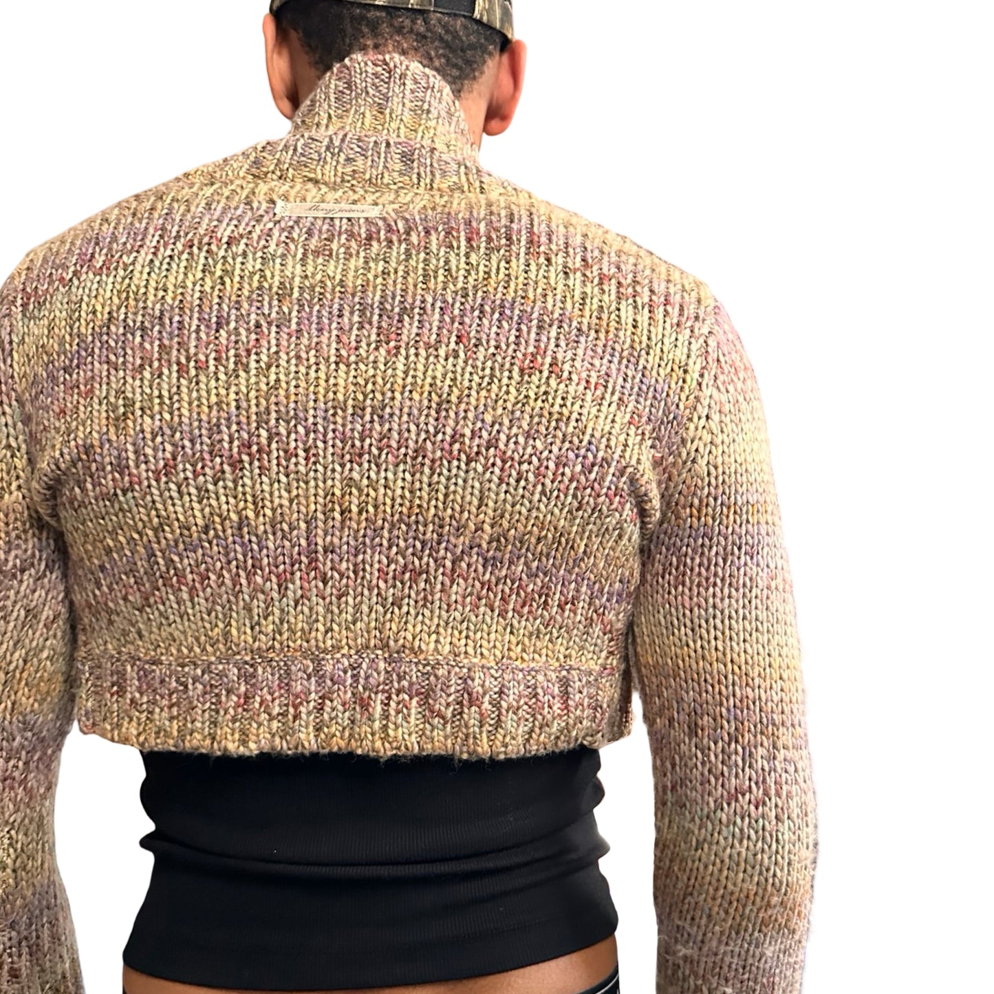 Vintage DKNY tan speckled cropped cable knit sweater with sequins and crystal button closure, women’s medium. back close up 