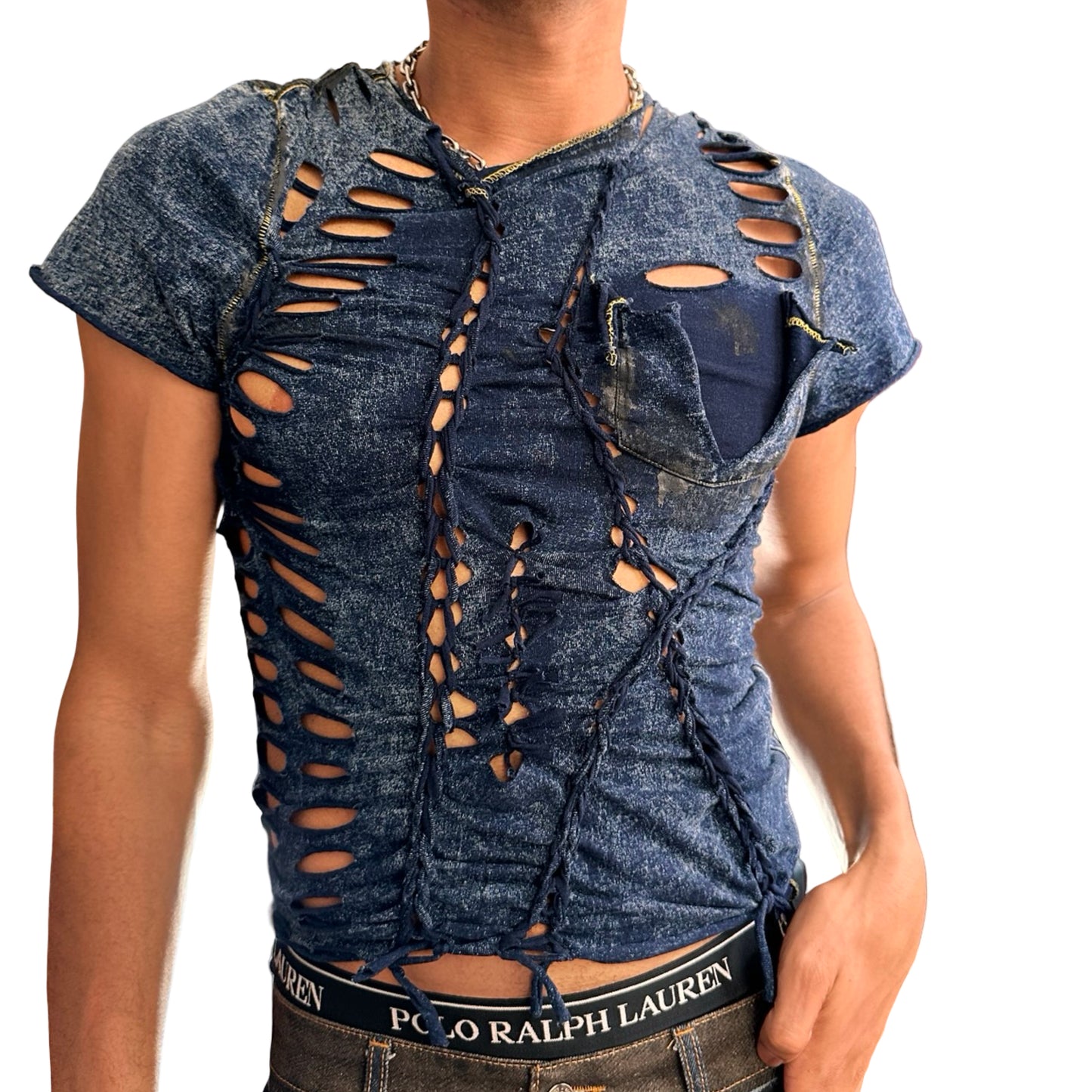 Front of ASTROBOI* blue acid-washed braided twist T-shirt with deconstructed pocket, slashes, hole details, and black paint accents. Custom NYC streetwear.