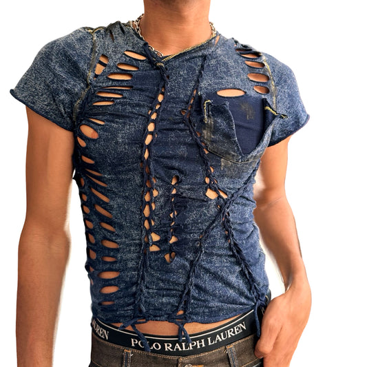 Front of ASTROBOI* blue acid-washed braided twist T-shirt with deconstructed pocket, slashes, hole details, and black paint accents. Custom NYC streetwear.