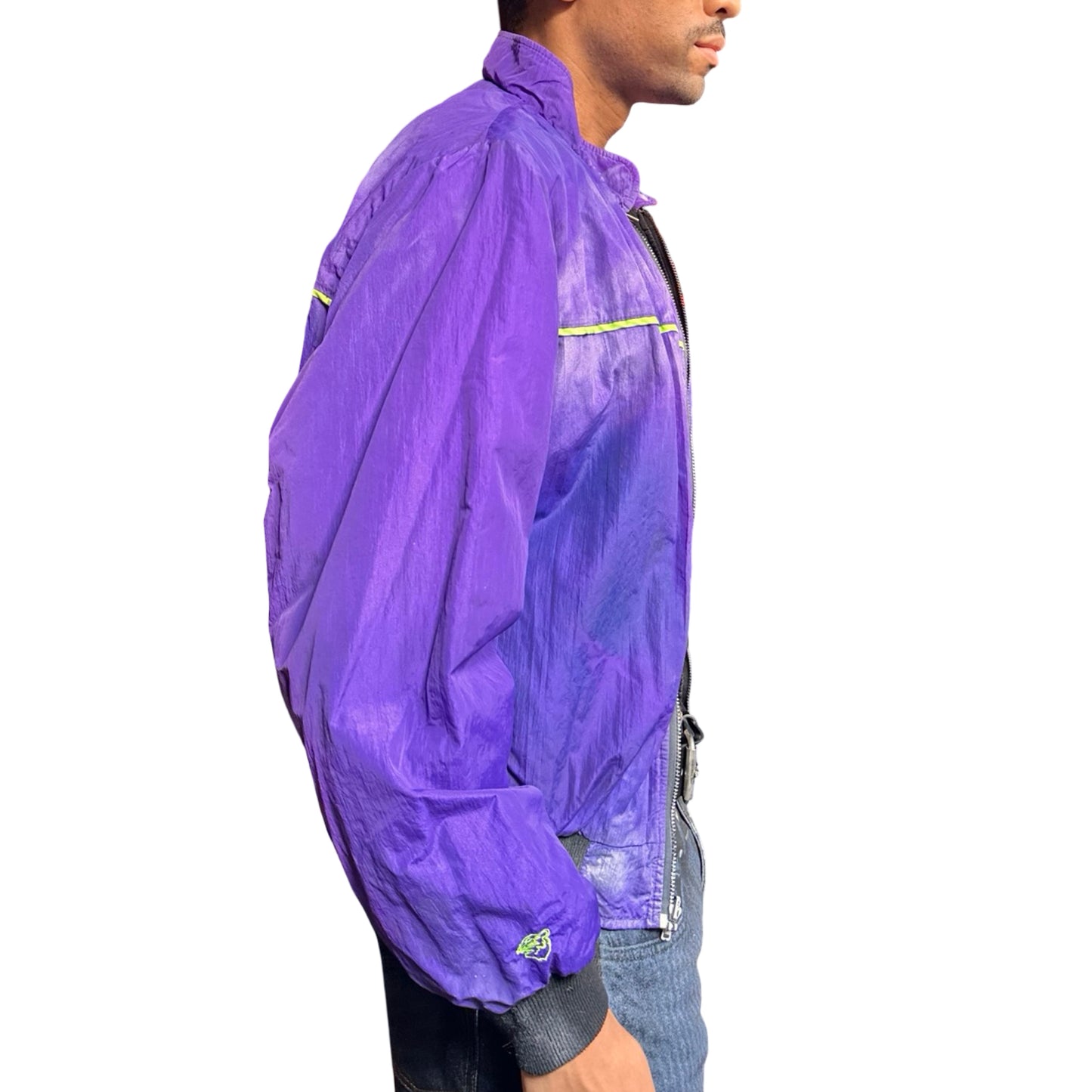 Purple Arctic Cat nylon bomber jacket with green piping, embroidered logo, and custom ASTROBOI* paint design, size XL. right 