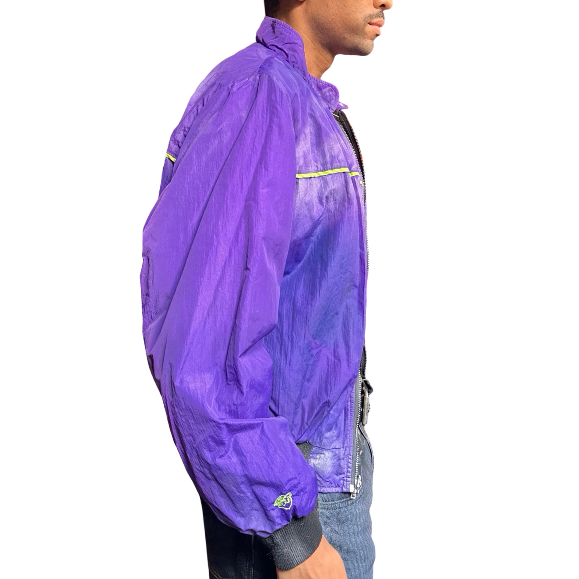 Purple Arctic Cat nylon bomber jacket with green piping, embroidered logo, and custom ASTROBOI* paint design, size XL. right 