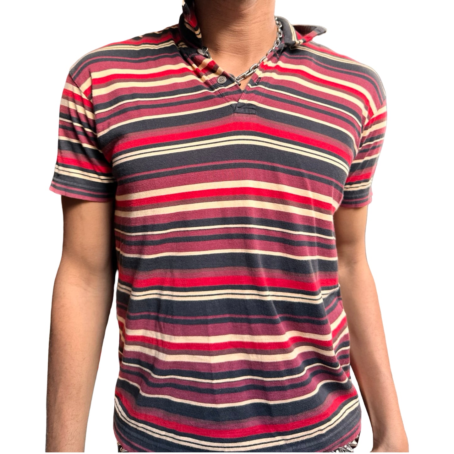 Front close up 2 of Vintage Issey Miyake Homme Plus striped cotton polo shirt in men’s small with two-button neckline and multicolor variegated stripes.