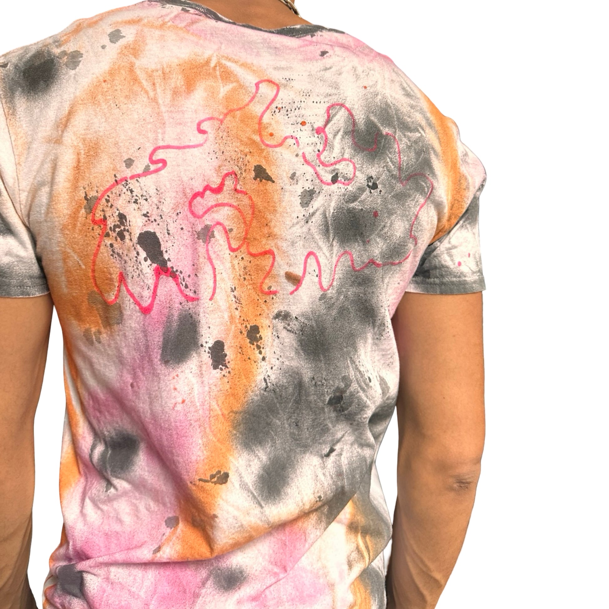 Tie-dye t-shirt with abstract designs on a white background