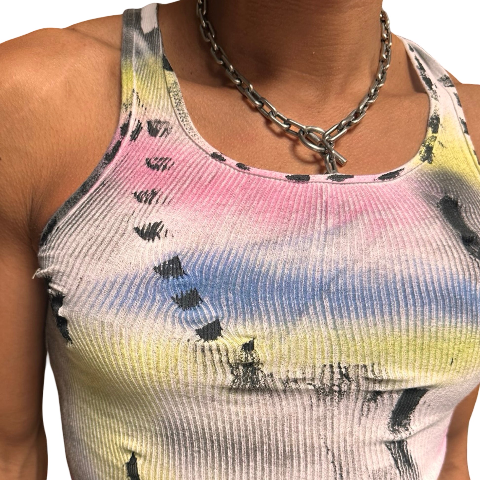 ASTROBOI x Hanes 'Lime Lite' White Ribbed Multicolored Graphic Tank Top –  front close up