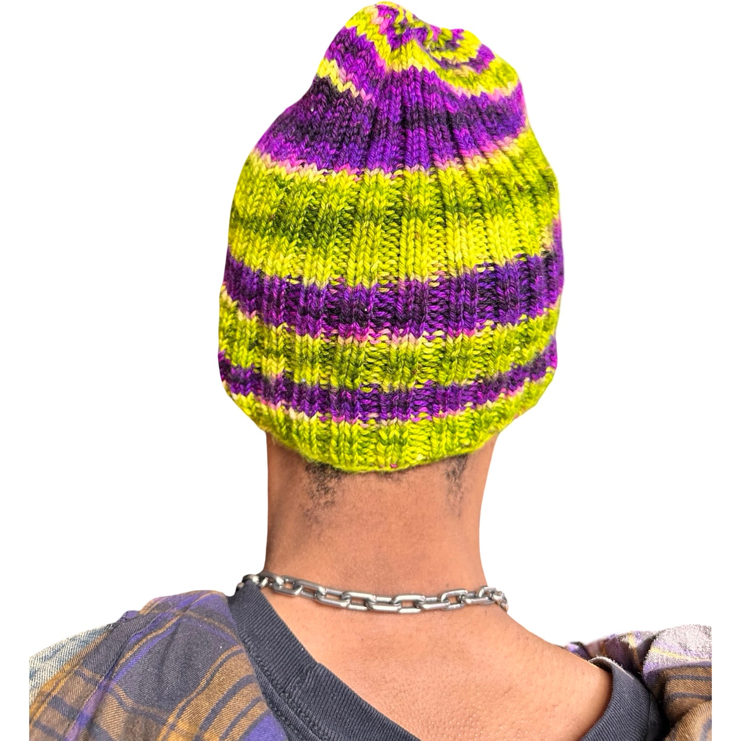 Back of Vintage handknit purple and green striped beanie with ribbed acrylic knit and soft stretchy fit.