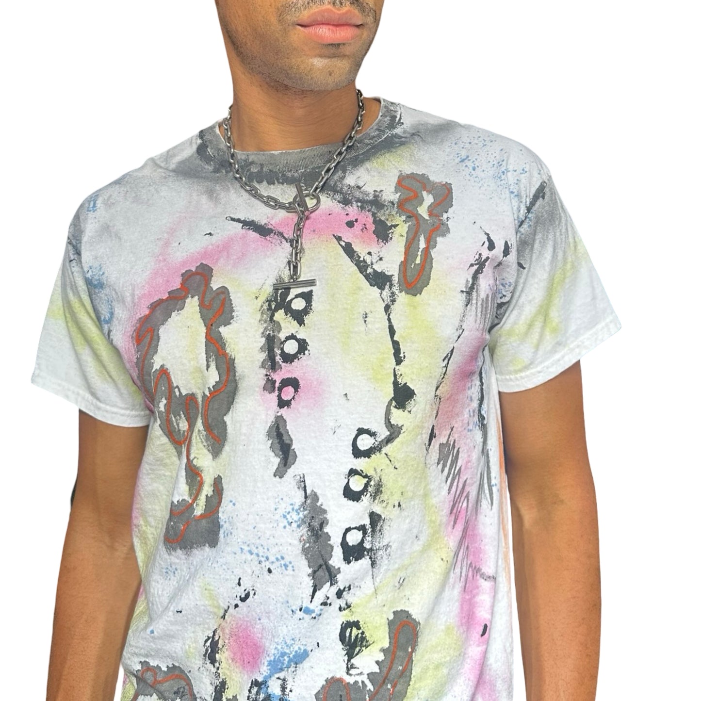 ASTROBOI* x Gildan 'Fields' White Painted Graphic T-shirt - front close up 