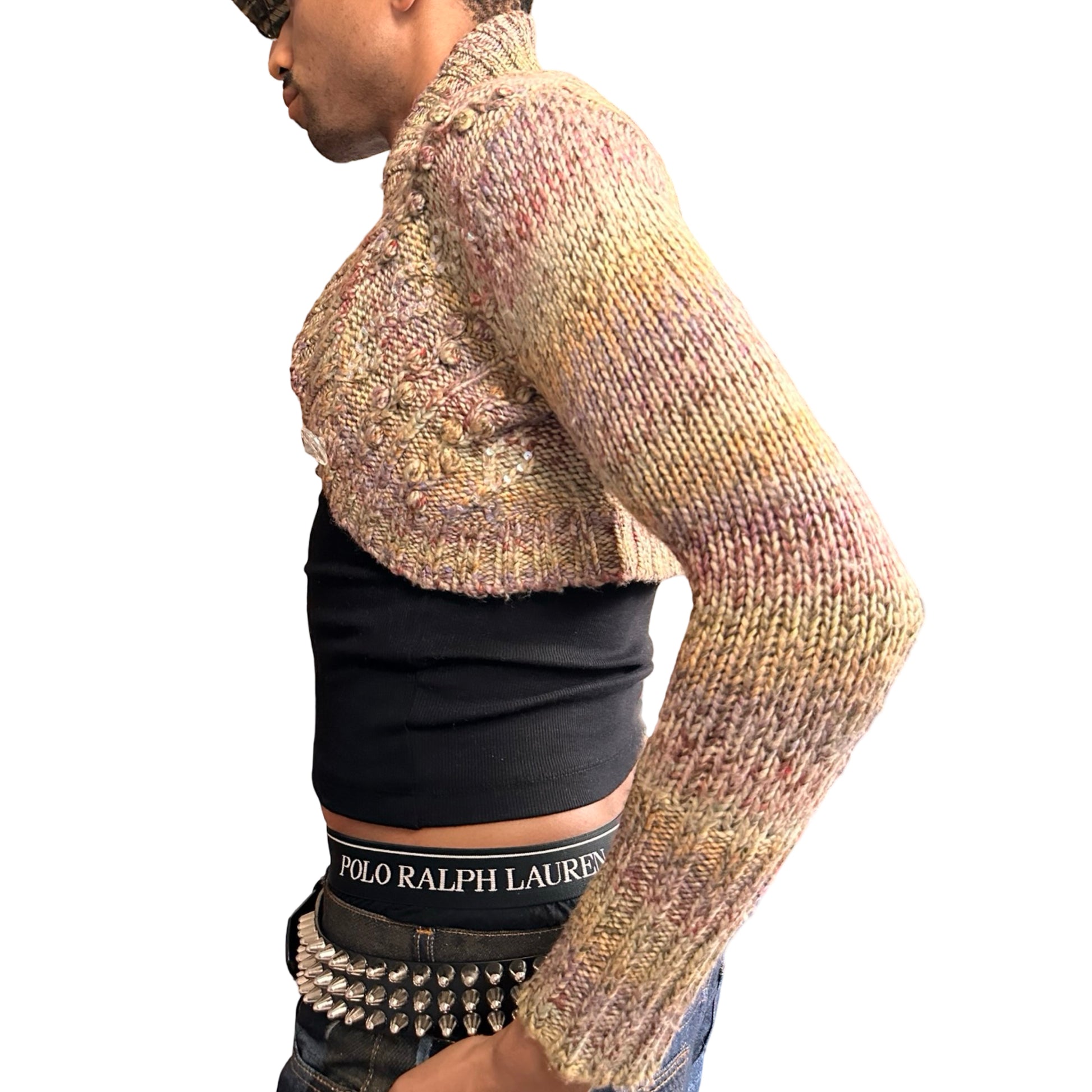 Vintage DKNY tan speckled cropped cable knit sweater with sequins and crystal button closure, women’s medium. left view 