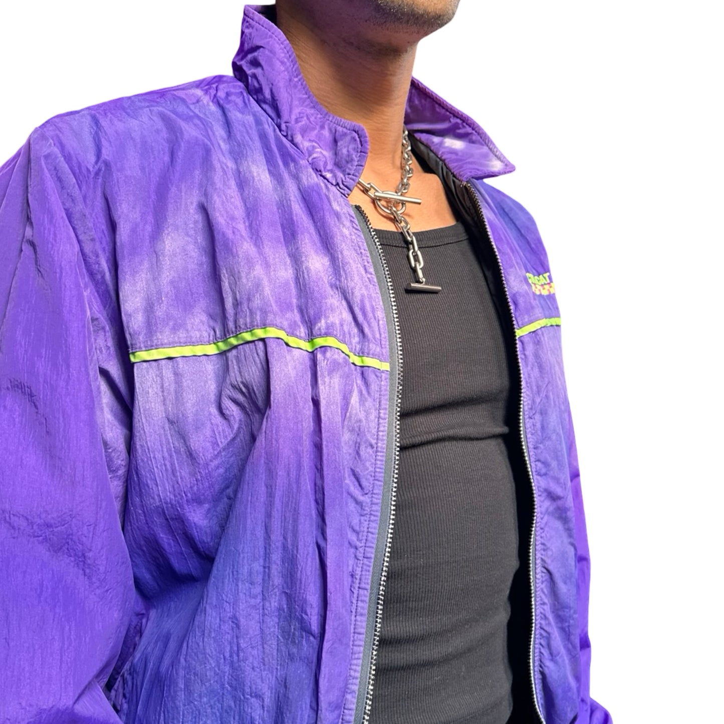 Purple Arctic Cat nylon bomber jacket with green piping, embroidered logo, and custom ASTROBOI* paint design, size XL. Front right close up 