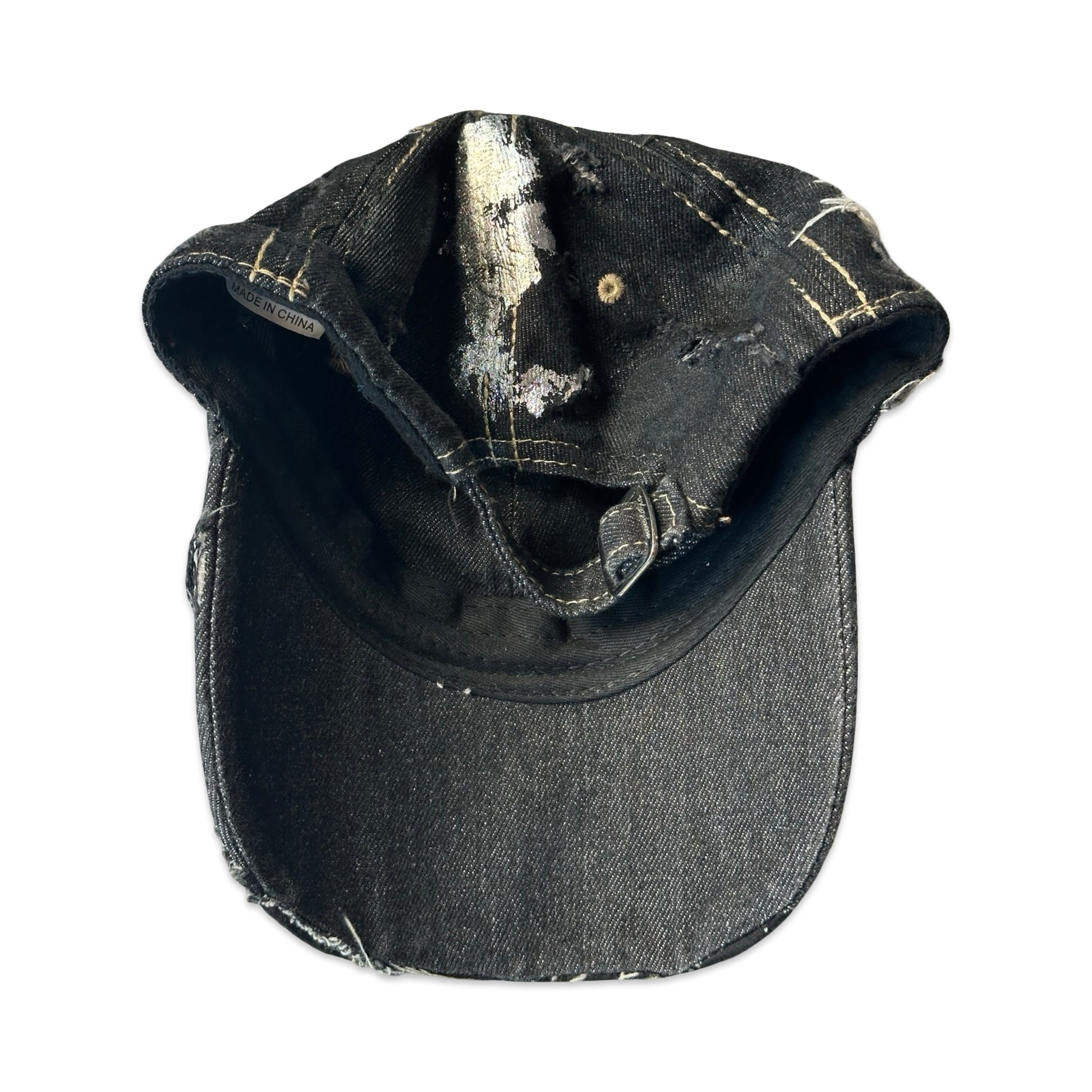 ASTROBOI* 'Neo' Black Distressed Rhinestone Denim Hat - flat back 
