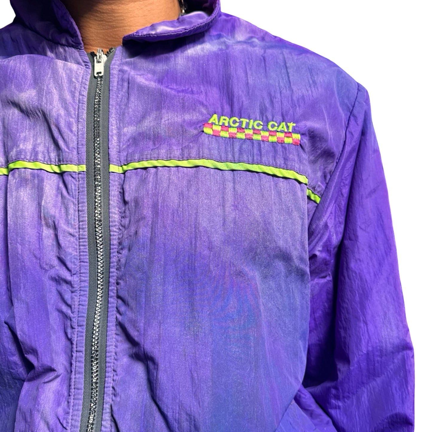 Purple Arctic Cat nylon bomber jacket with green piping, embroidered logo, and custom ASTROBOI* paint design, size XL. Logo 