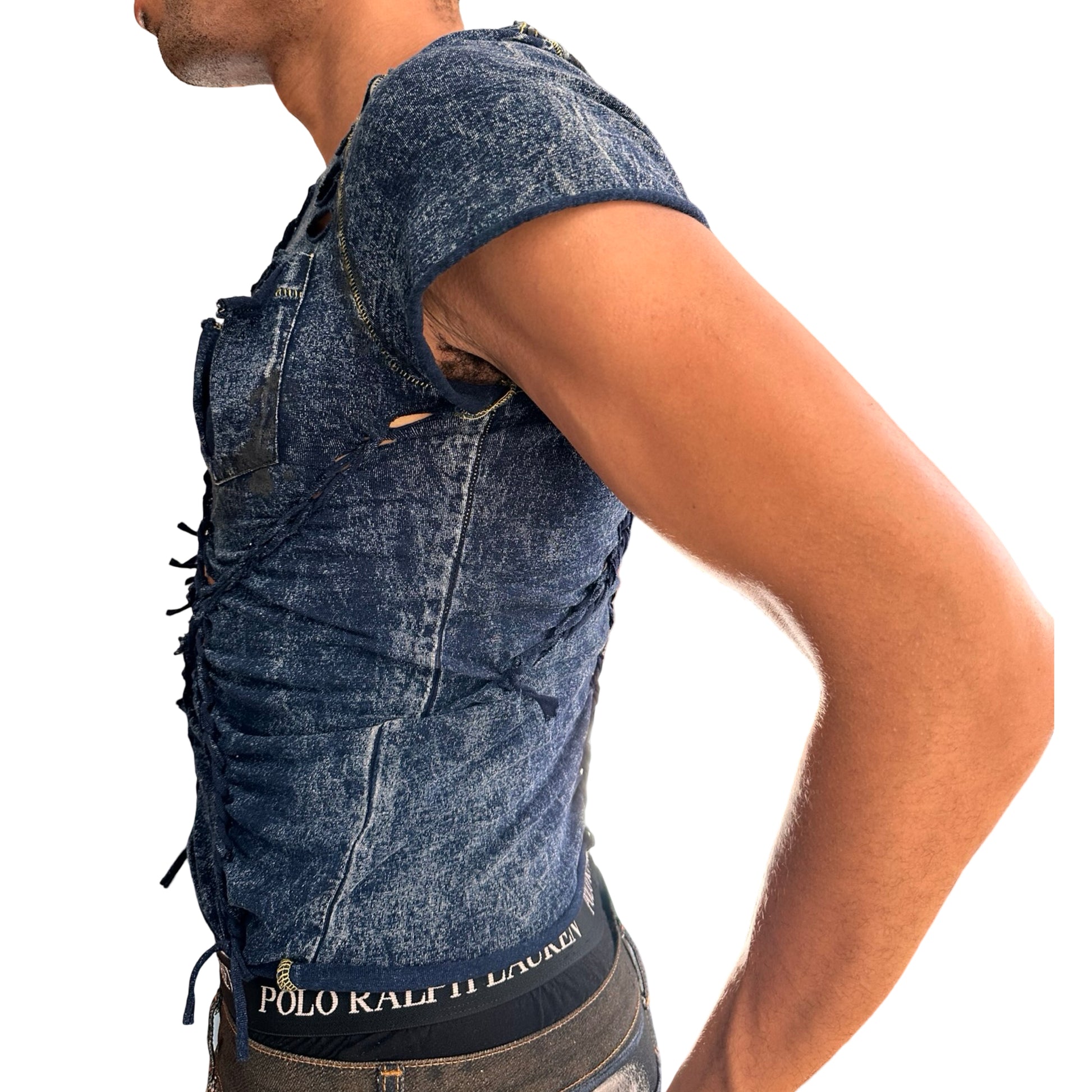 Left of ASTROBOI* blue acid-washed braided twist T-shirt with deconstructed pocket, slashes, hole details, and black paint accents. Custom NYC streetwear.