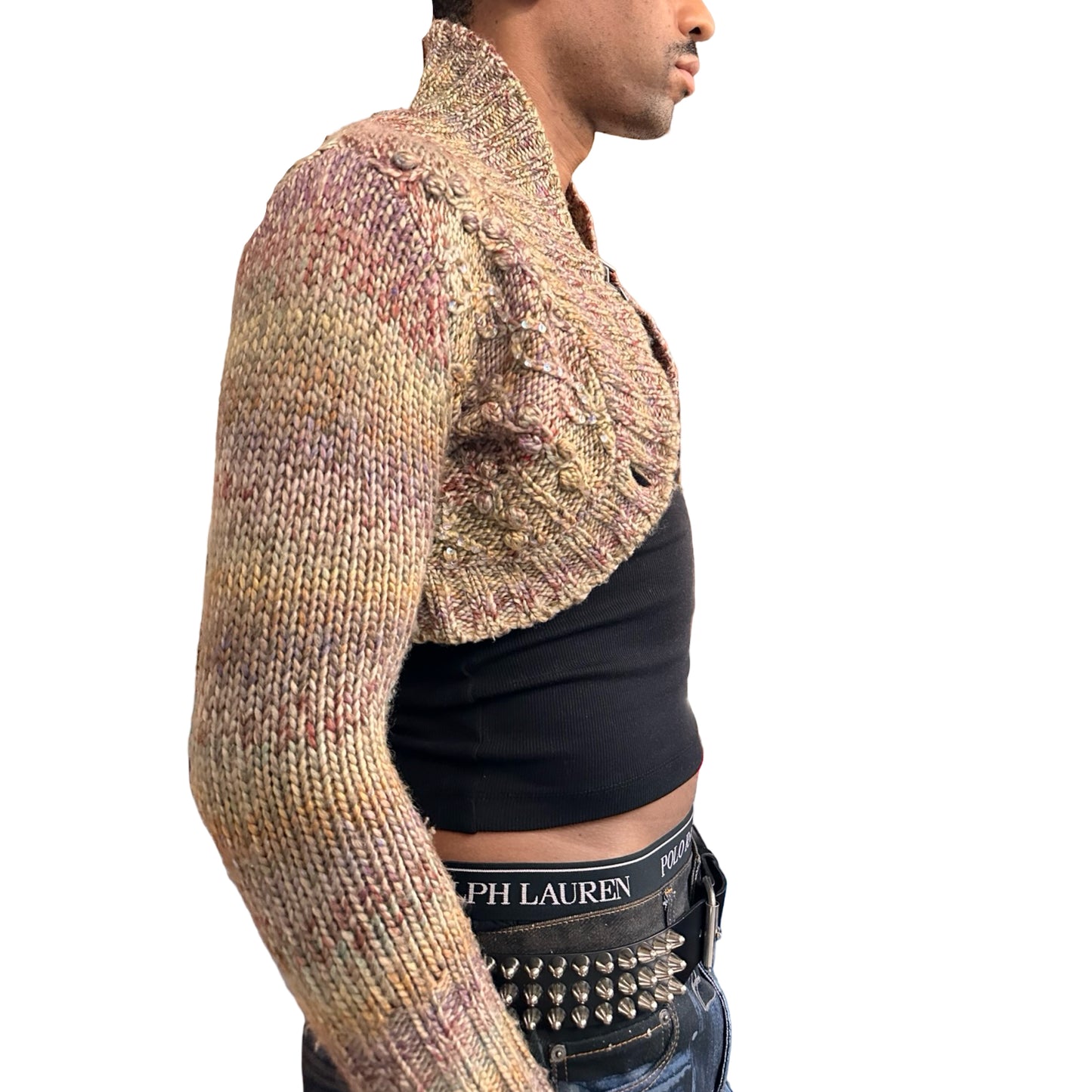 Vintage DKNY tan speckled cropped cable knit sweater with sequins and crystal button closure, women’s medium. right view 