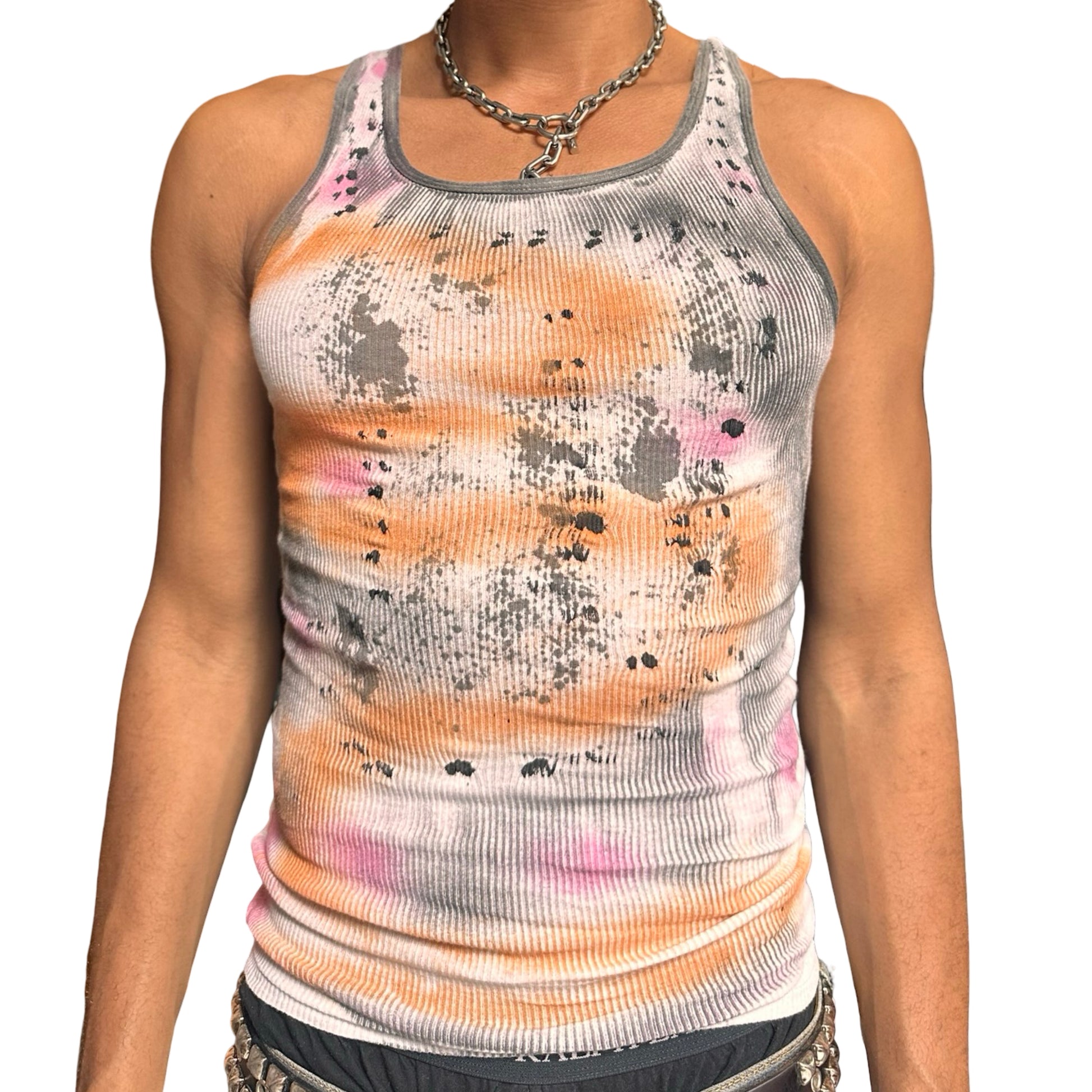 ASTROBOI* x Hanes 'Mars' White Ribbed Pink/Orange/Black Graphic Print Tank Top – front 