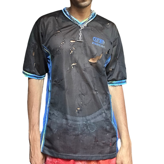 ASTROBOI* XXL Black & Blue Distressed Mesh Grunge Jersey - front 