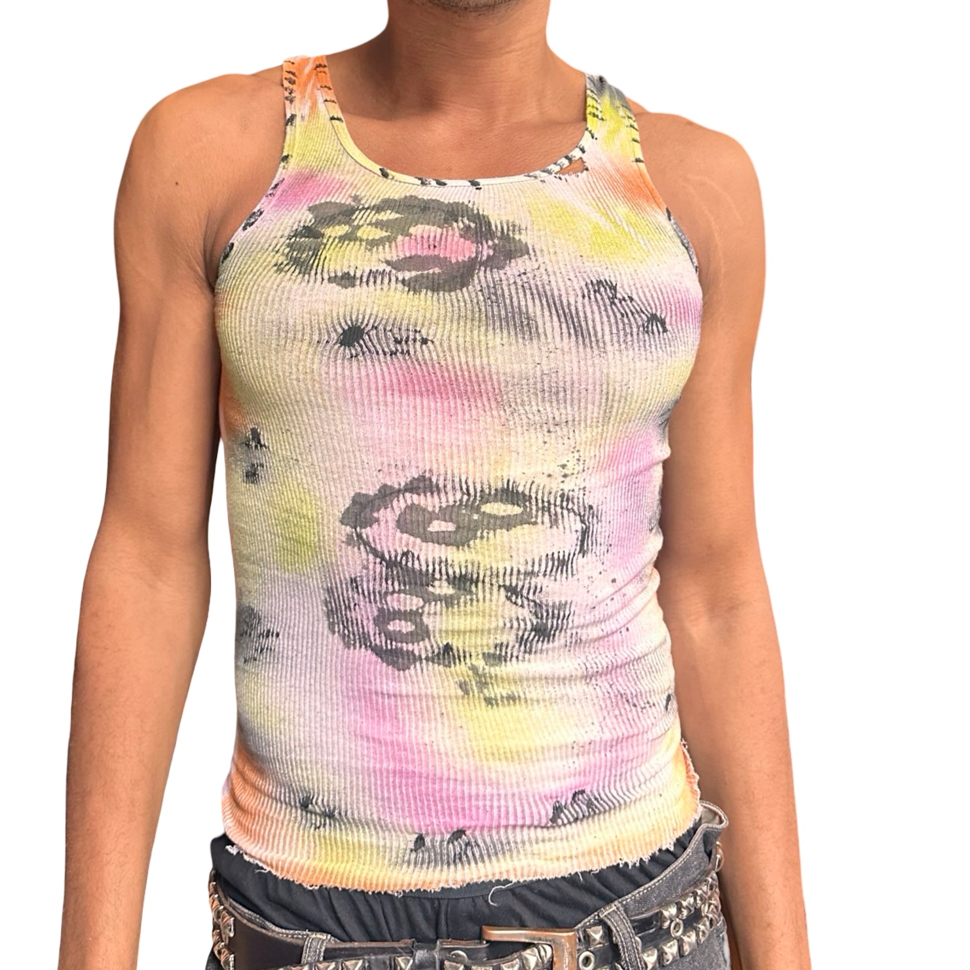 Multicolored tank top with abstract patterns on a white background
