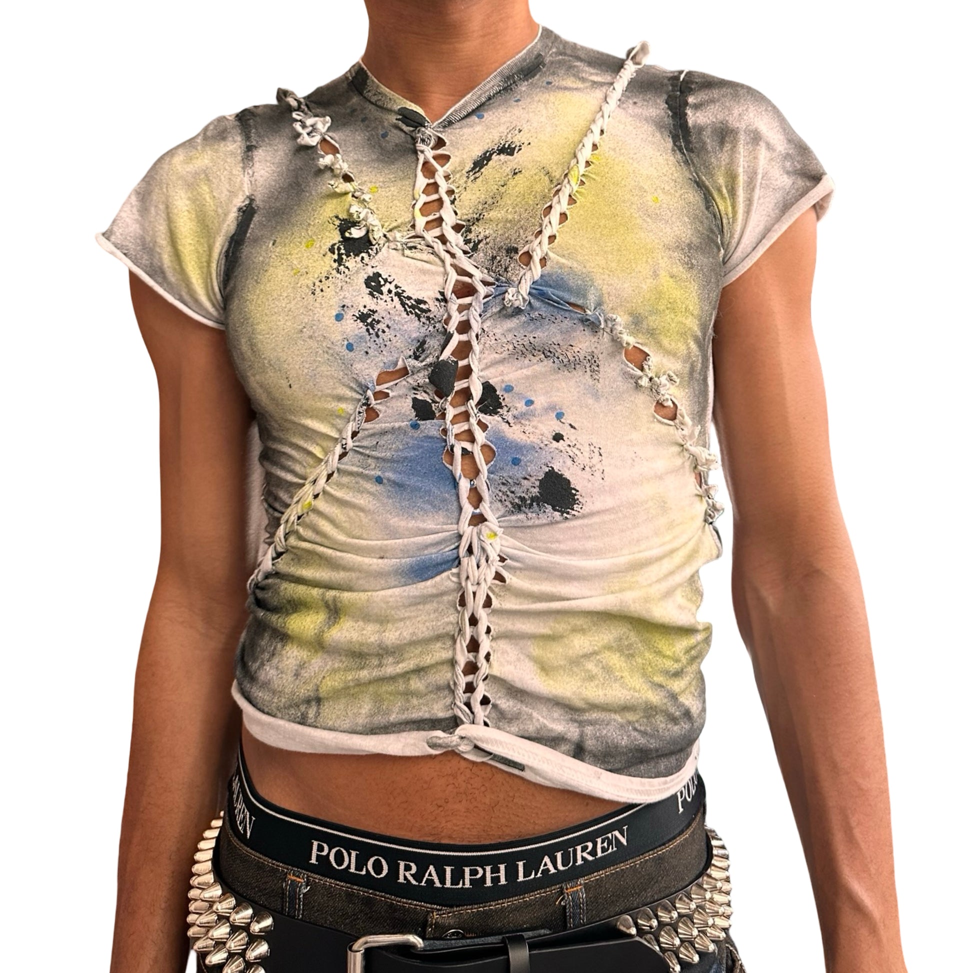 Front view of ASTROBOI* x Gildan ‘Algae’ white braided twist T-shirt with hand-printed design and heavyweight cotton. Custom handmade streetwear from NYC.