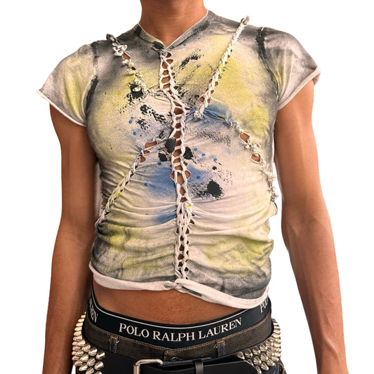 Front view of ASTROBOI* x Gildan ‘Algae’ white braided twist T-shirt with hand-printed design and heavyweight cotton. Custom handmade streetwear from NYC.