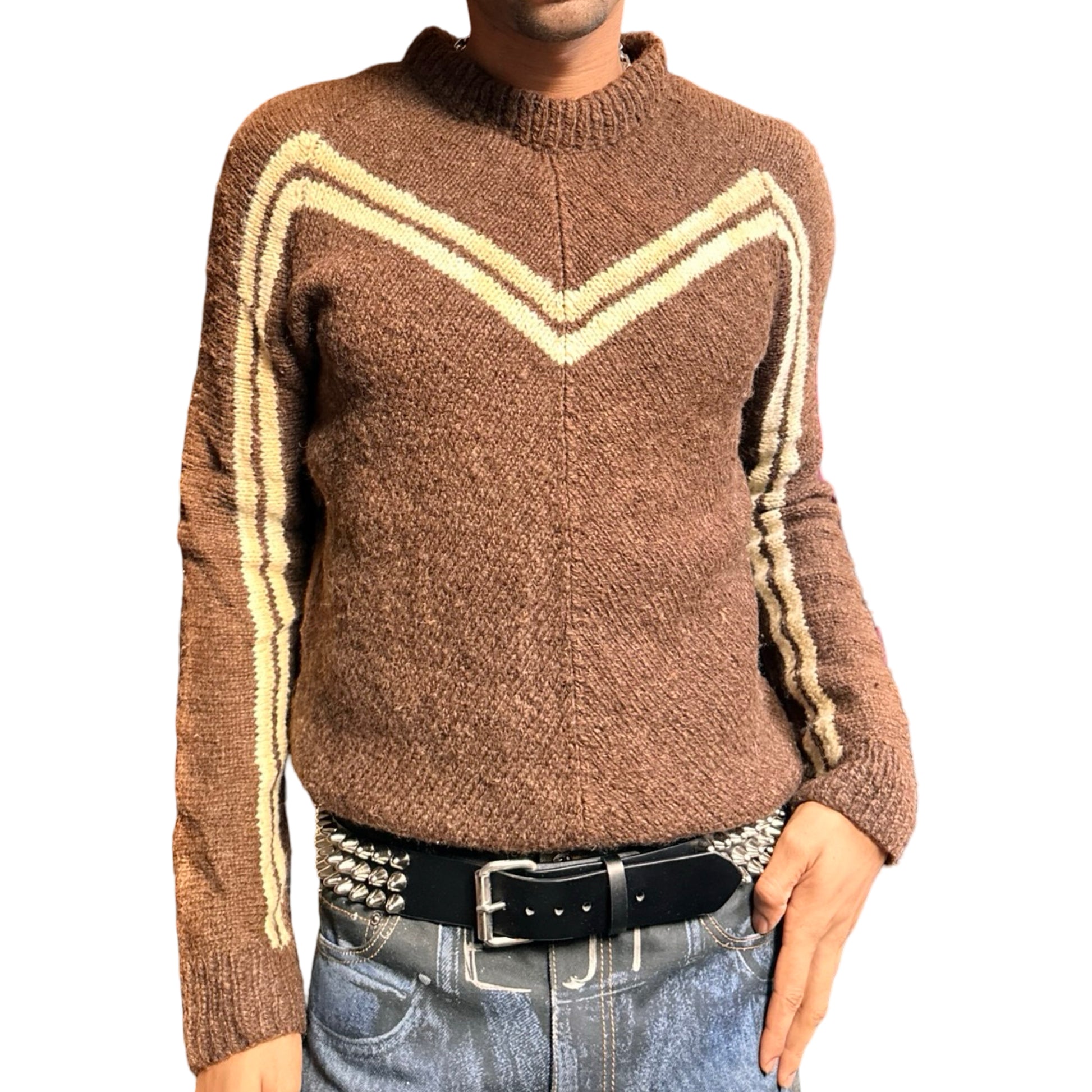 Vintage brown wool sweater with cream V pattern across the chest and sleeves, Prada-inspired design, size large. front 2
