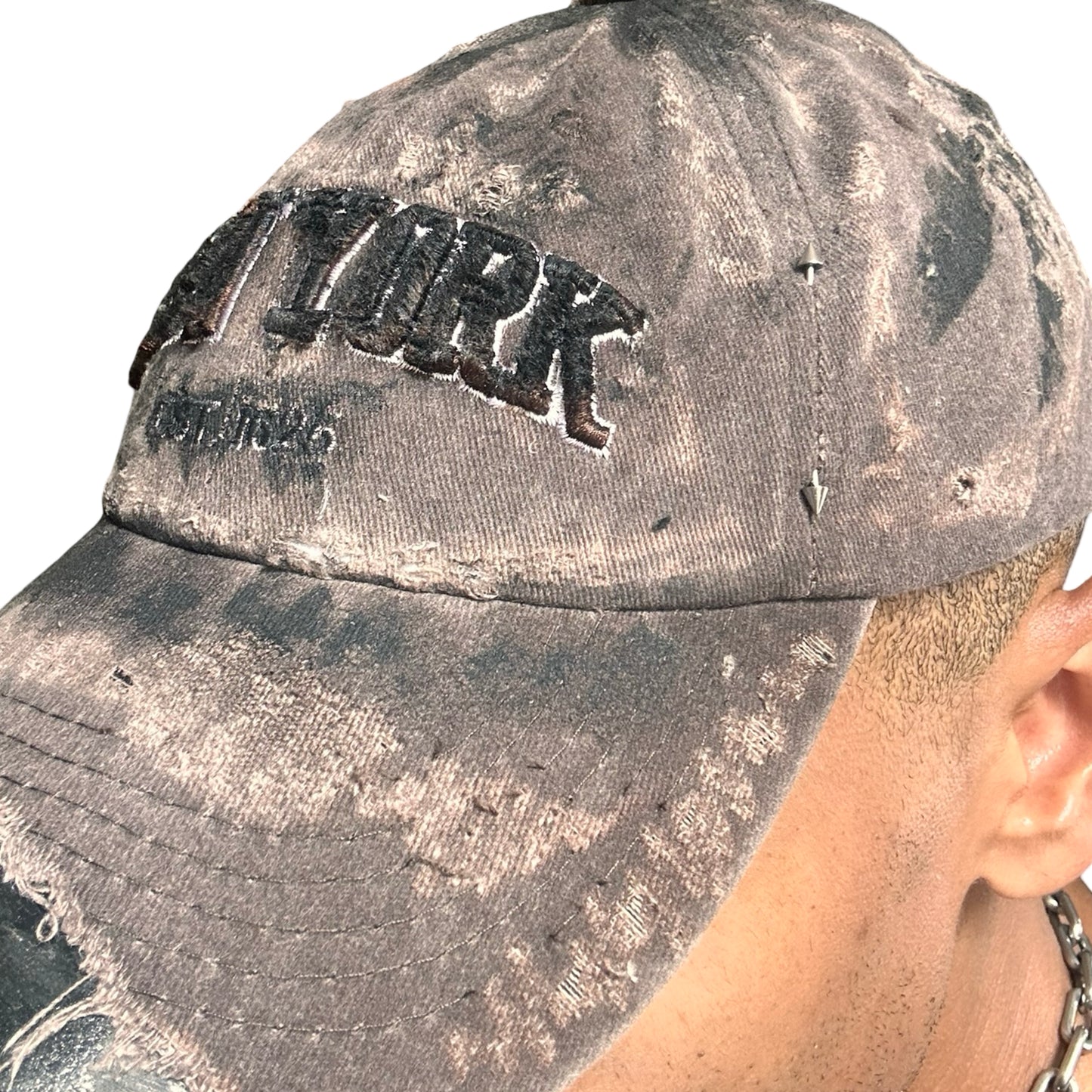 ASTROBOI* NEW YORK 'Soil' Brown & Black Distressed Pierced Hat - left detail 