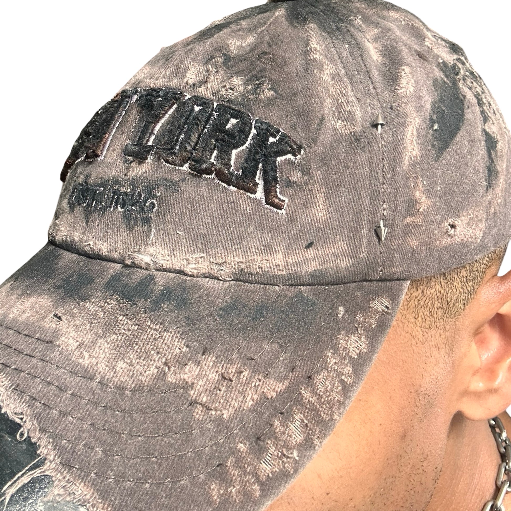 ASTROBOI* NEW YORK 'Soil' Brown & Black Distressed Pierced Hat - left detail 