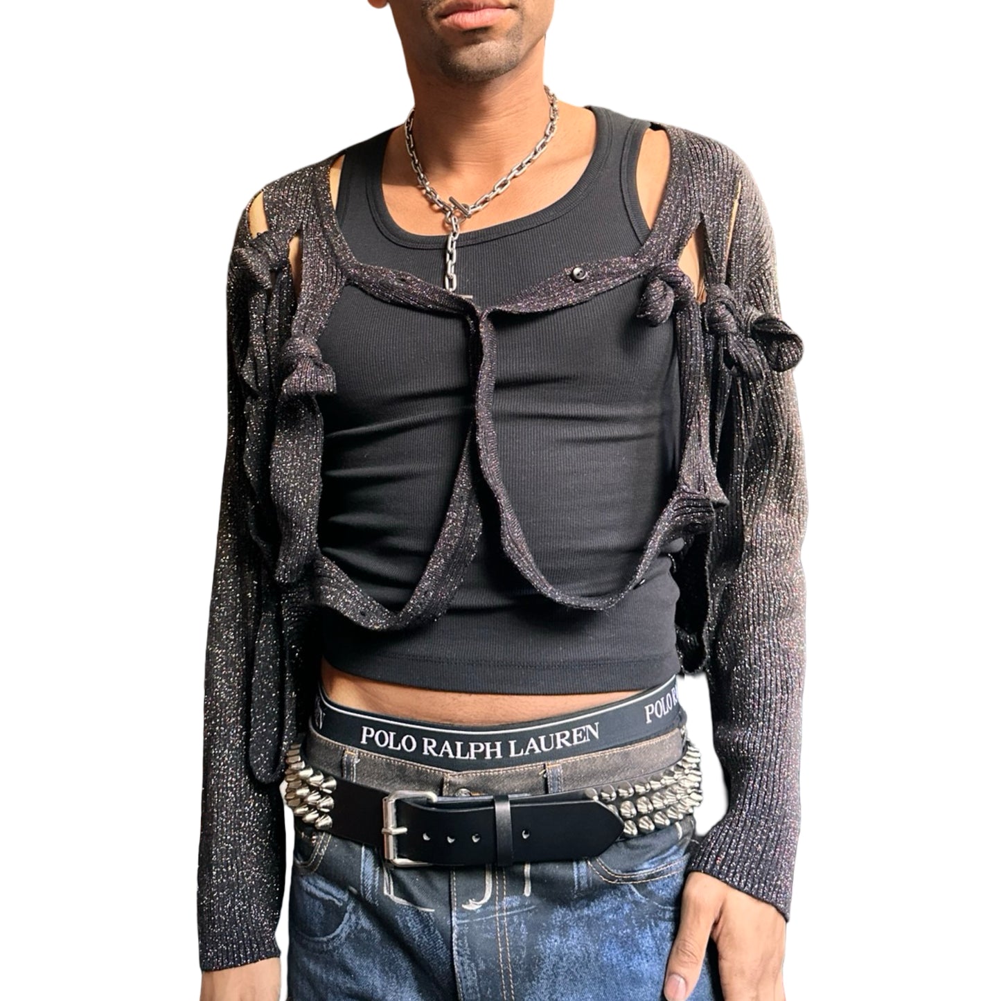 Front view of ASTROBOI* black modular rainbow lurex cardigan with cut outs, shimmer finish, and adjustable hanging straps for custom knot styling. Handmade in Brooklyn.