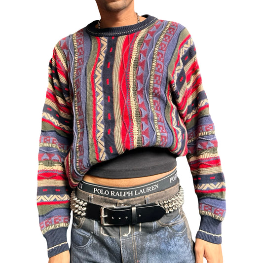 Vintage Cotton Traders blue and red Coogi-style knit sweater with raised textured pattern, 90s dad fit, men's large front view 