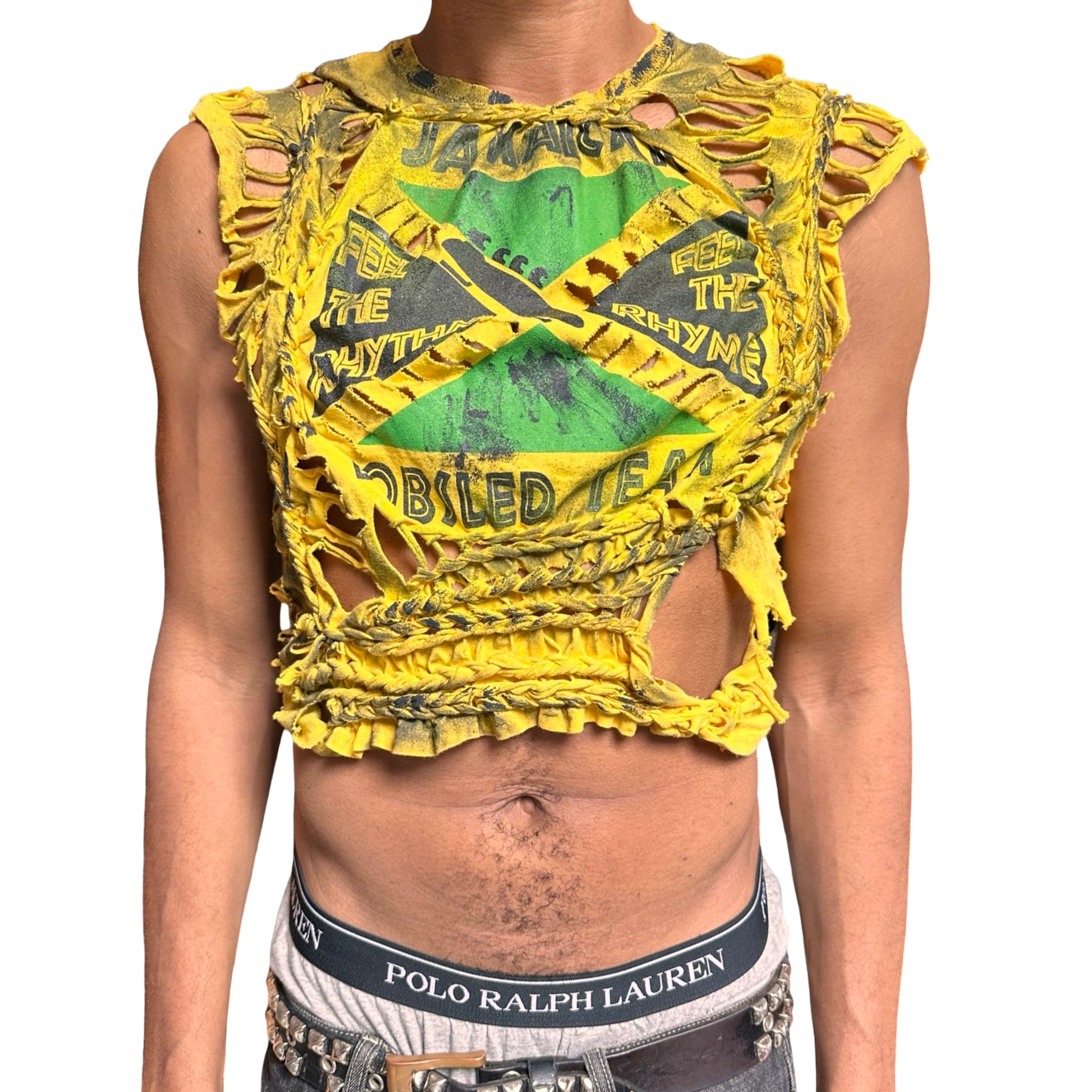 Yellow braided tank top with graphic designs on a white background