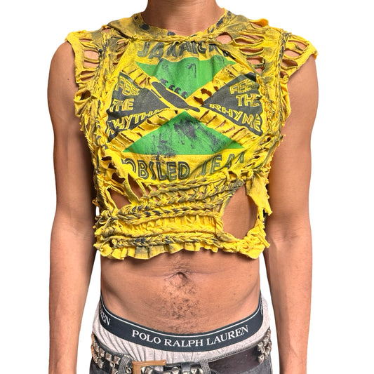 Yellow braided tank top with graphic designs on a white background