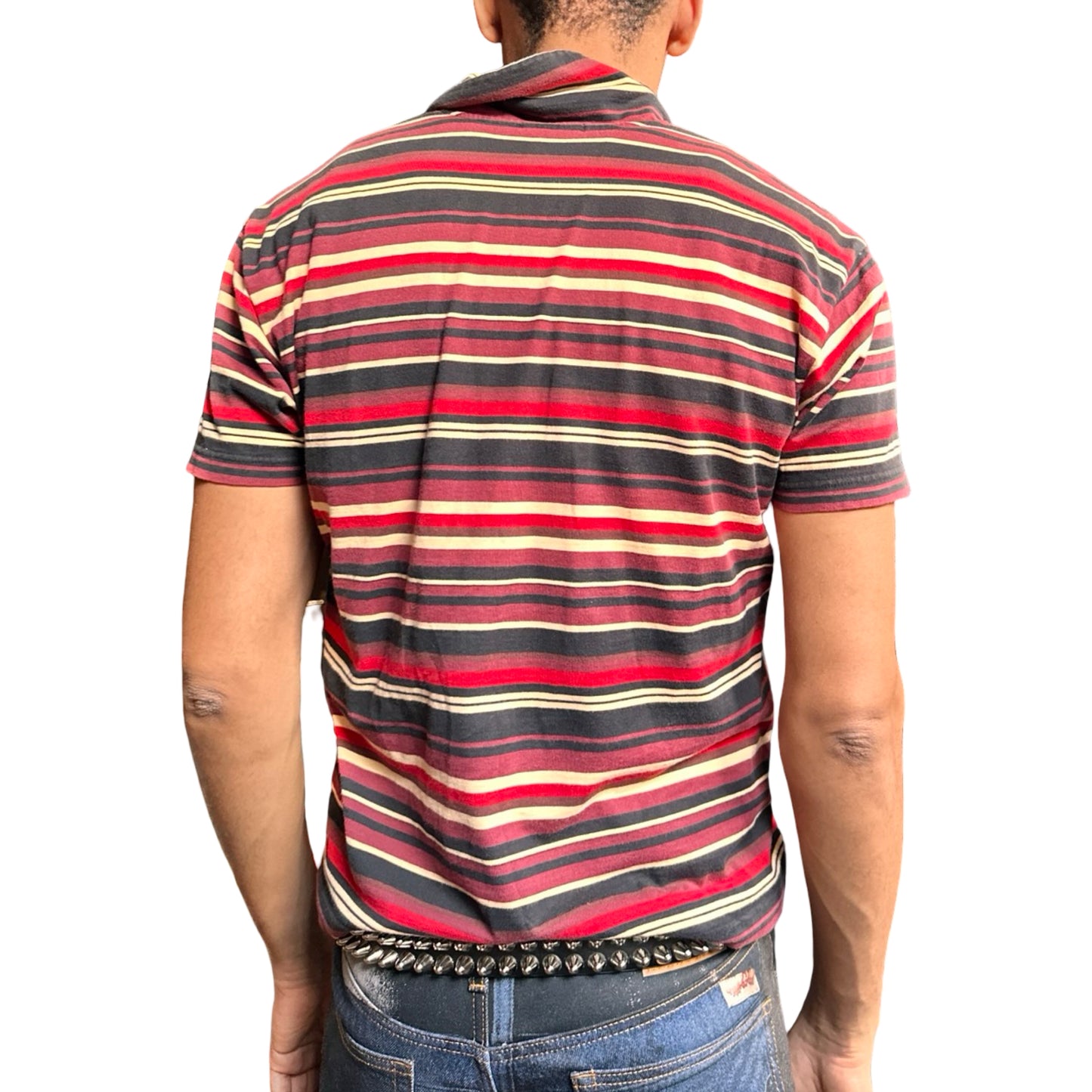 Back view of Vintage Issey Miyake Homme Plus striped cotton polo shirt in men’s small with two-button neckline and multicolor variegated stripes.