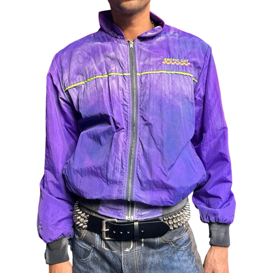 Purple Arctic Cat nylon bomber jacket with green piping, embroidered logo, and custom ASTROBOI* paint design, size XL. Front 