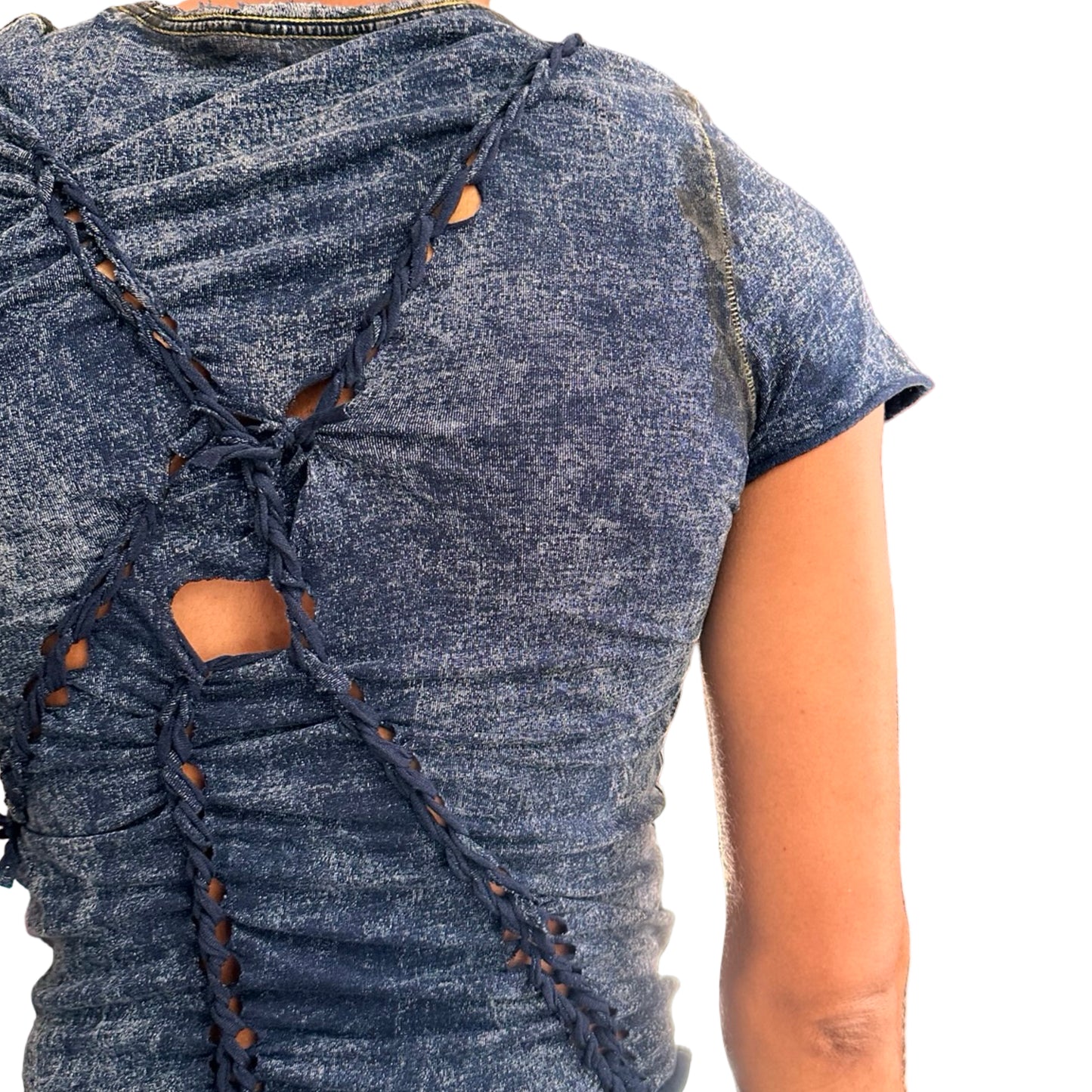 Back close up of ASTROBOI* blue acid-washed braided twist T-shirt with deconstructed pocket, slashes, hole details, and black paint accents. Custom NYC streetwear.