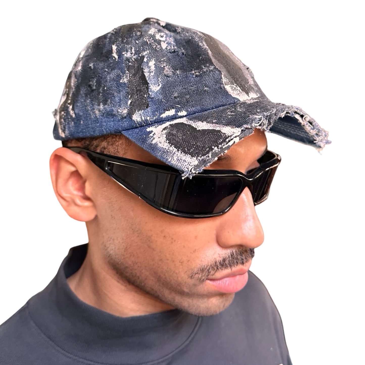 ASTROBOI* DISTRESSED HALF VISOR BLUE DENIM PAINTED HAT