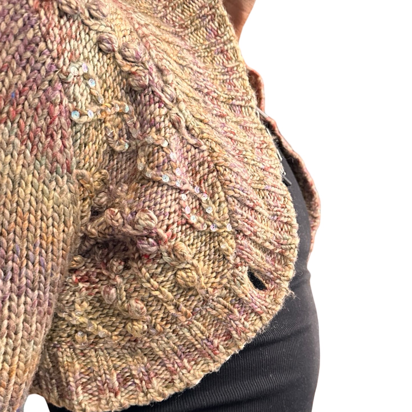 Vintage DKNY tan speckled cropped cable knit sweater with sequins and crystal button closure, women’s medium. front close up 