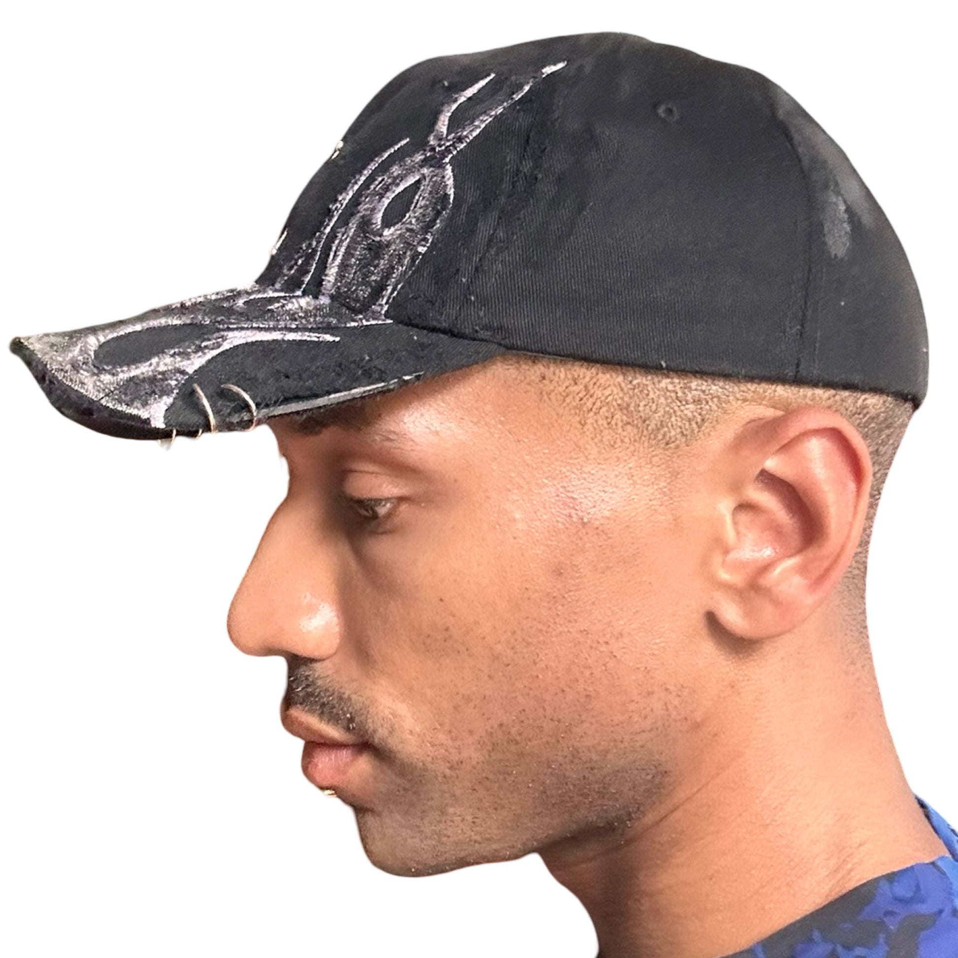 ASTROBOI* 'Black Flame' Y2K Black & Silver Distressed Pierced Hat - left 