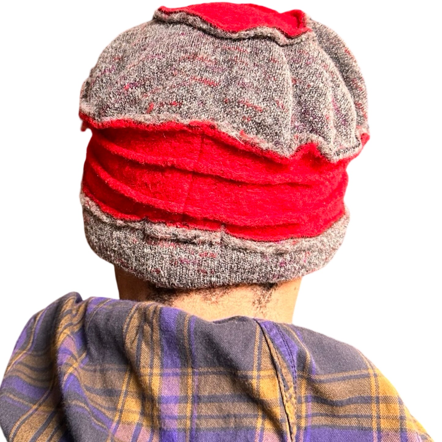 Back of ASTROBOI* red and grey pleated beanie with slouchy fit and patchwork panels, handmade in NYC.