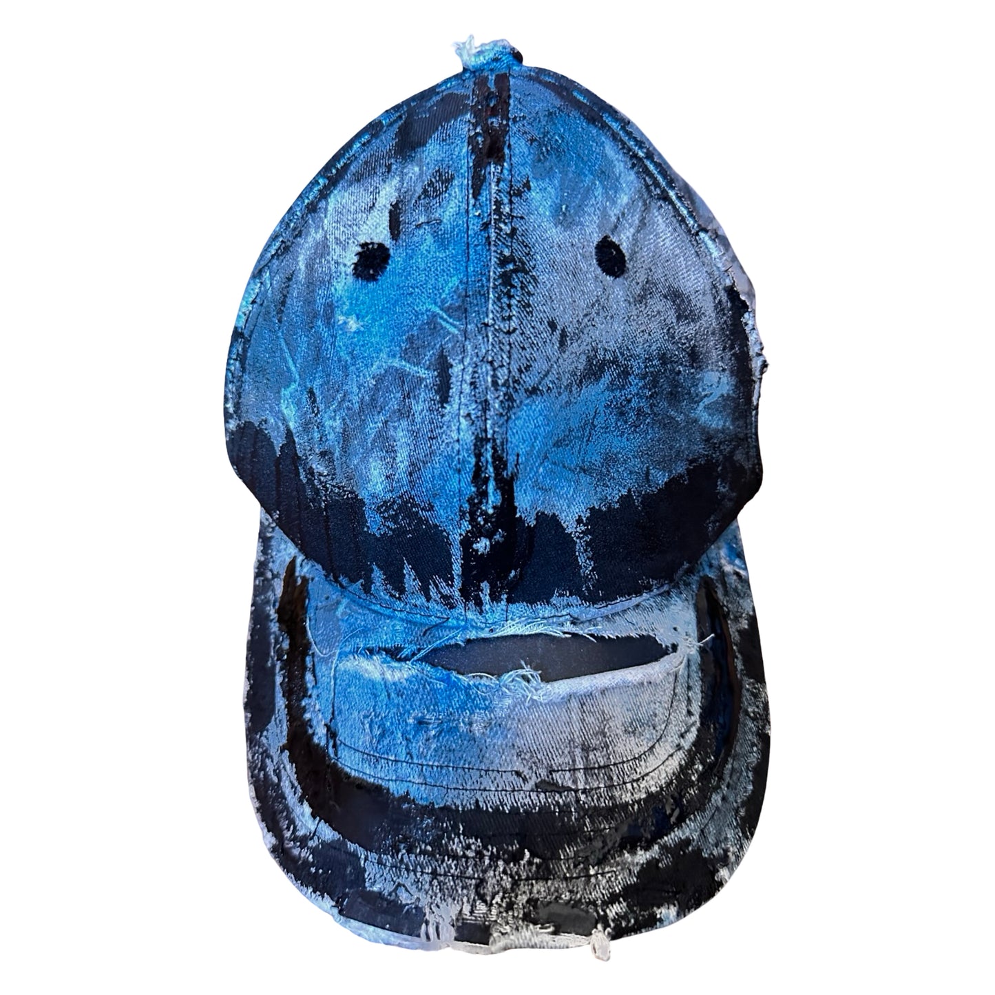 Flat front of ASTROBOI* white trompe l’oeil denim print hat with blue and black paint, resin accents, and distressed detailing.