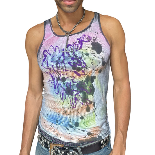 ASTROBOI* x Hanes 'Spectrum' White Graphic Print Multicolored Graffiti Tank Top -  front 