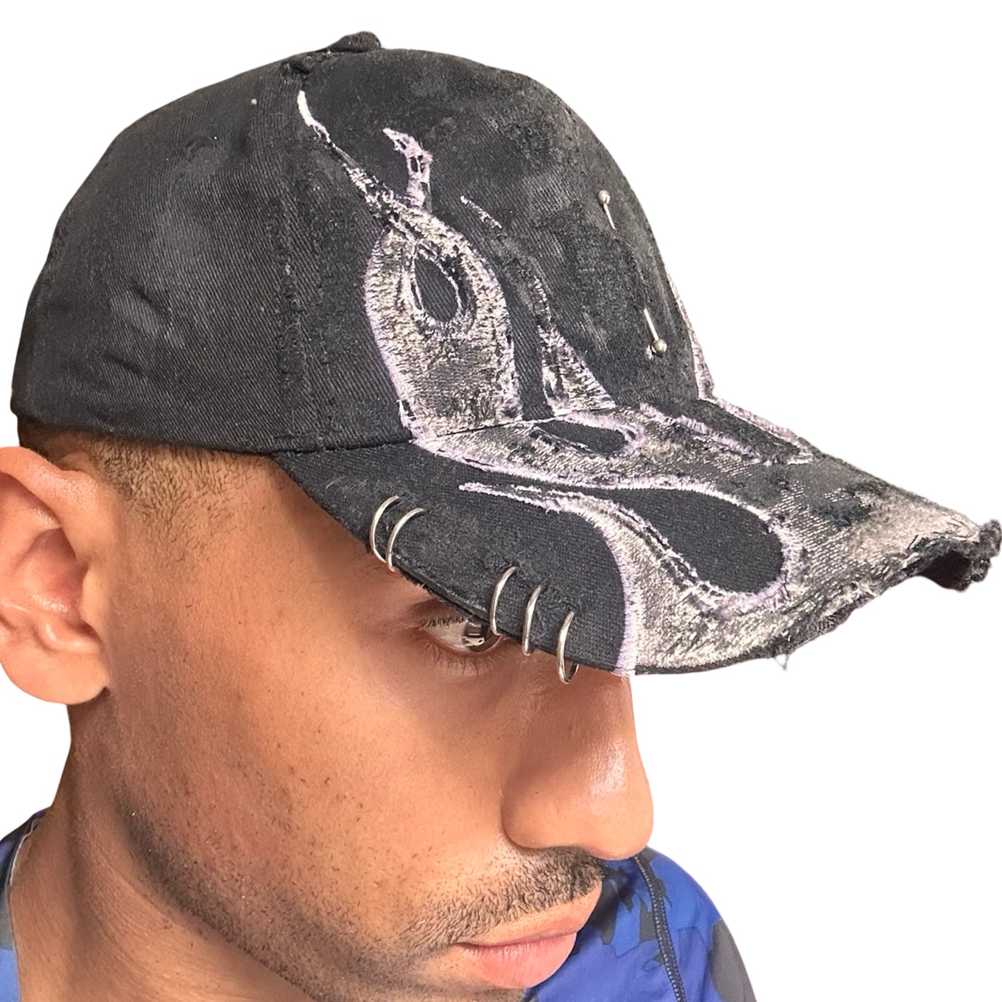 ASTROBOI* 'Black Flame' Y2K Black & Silver Distressed Pierced Hat -  front right 